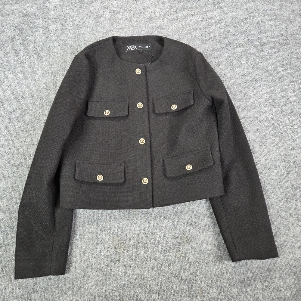 Zara Blazer Womens Medium Black Tweed Collarless Gold Button Pockets Jacket